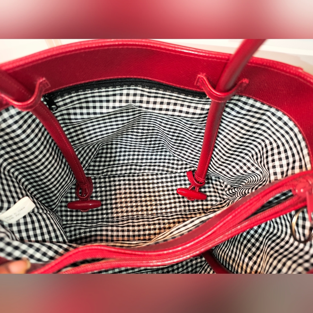 Red Vegan Leather Tote with Gingham Lining + Matching Makeup Bag - Picture 4 of 8